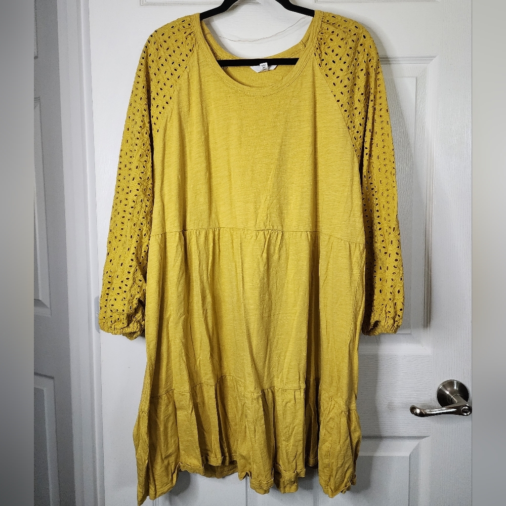 TIME‎ & TRU Plus Size SZ 22 Yellow Eyelet Long Sleeve Dress
